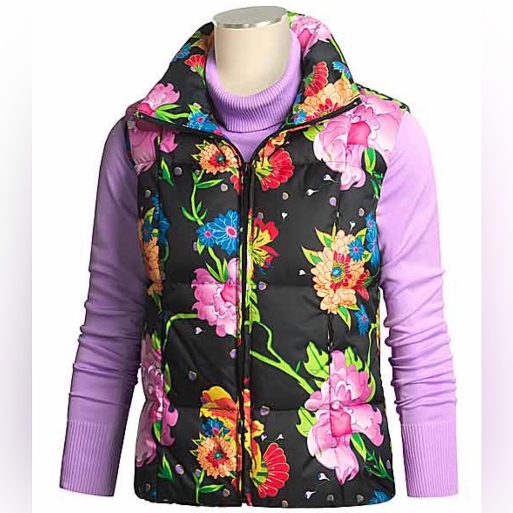 Rare Skea ParisFloral Quilted Puffer Vest - Black with Bright Flowers